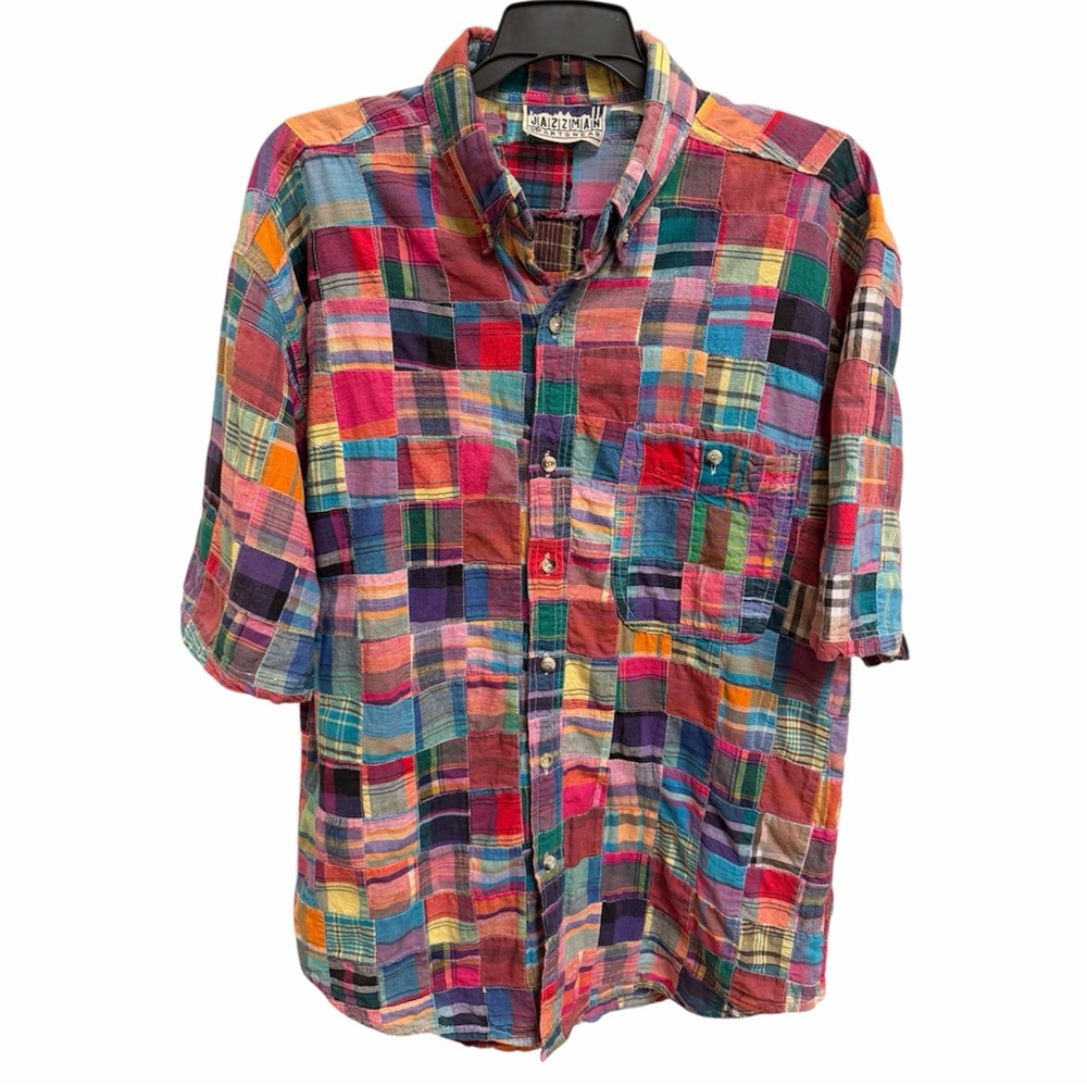 VTG JAZZMAN SPORTSWEAR CLASSIC PATCHWORK MADRAS COTTON PLAID BUTTON UP SZ M